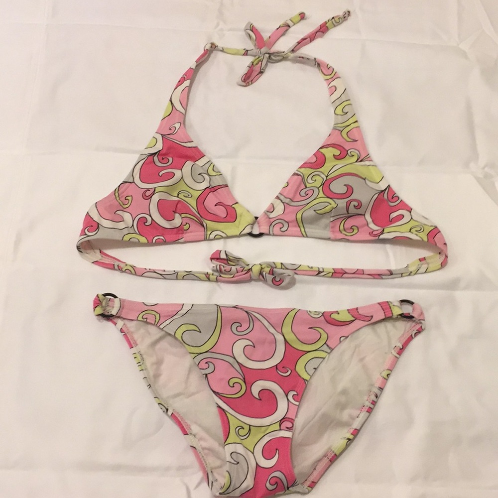 Pink/Neon Yellow Swirl Print Triangle Bikini Swim